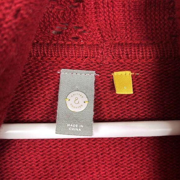 Anthropologie Knitted & Knotted Deep Red Eyelet Open Front Wool Blend Cardigan S - Picture 7 of 8